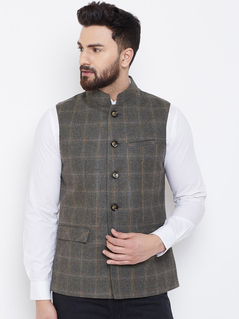 

Spirit Men Olive Green Checked Woven Nehru Jacket