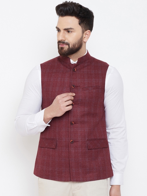 

Spirit Men Maroon Checked Woven Nehru Jacket