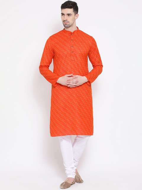 

NAMASKAR Men Orange & White Woven Design Kurta with Churidar