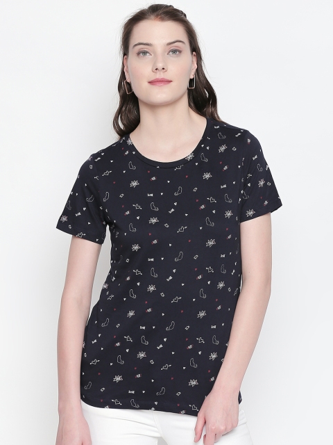 

Honey by Pantaloons Women Black Printed Round Neck Pure Cotton T-shirt