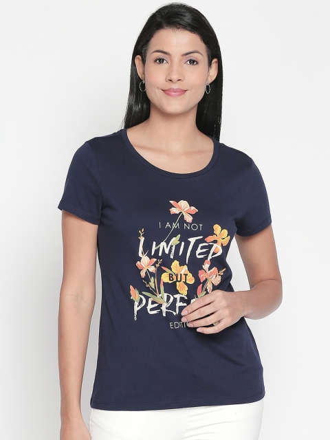 

Honey by Pantaloons Women Navy Blue Printed Round Neck Pure Cotton T-shirt