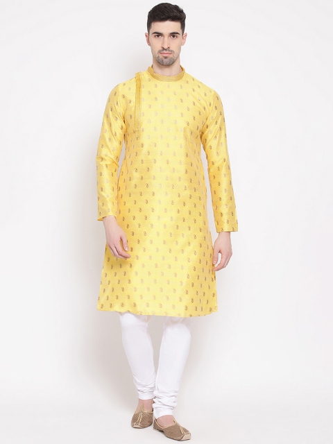 

NAMASKAR Men Yellow & White Woven Design Kurta with Churidar