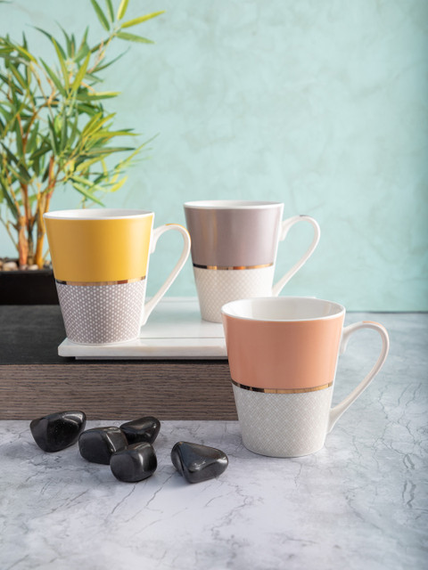

White Gold Set of 3 Multicoloured Printed Porcelain Cup Set 350 ml, Multi