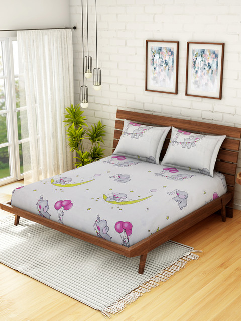 

WELHOME White & Pink Cartoon Characters 160 TC 1 Microfibre Queen Bedsheet with 2 Pillow Covers
