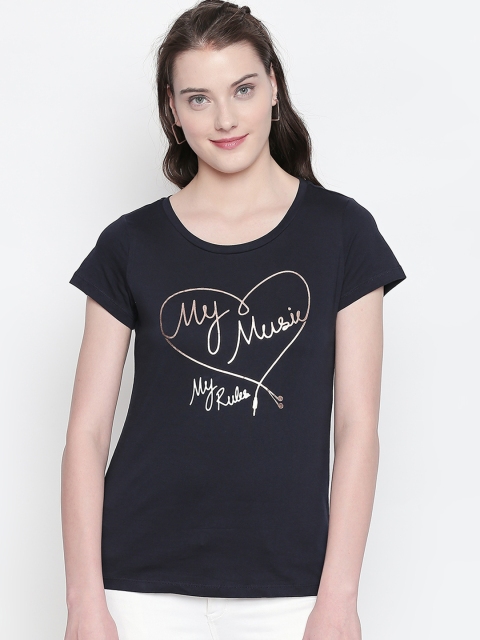 

Honey by Pantaloons Women Navy Blue Printed Round Neck Pure Cotton T-shirt