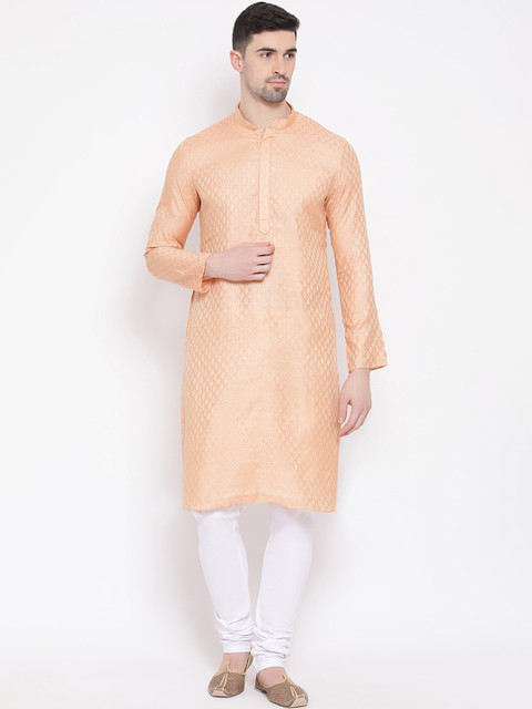 

NAMASKAR Men Orange & White Woven Design Kurta with Churidar