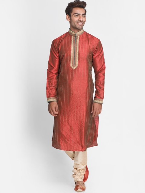 

Lakshya by Manish Men Rust Brown & Beige Striped Kurta with Churidar