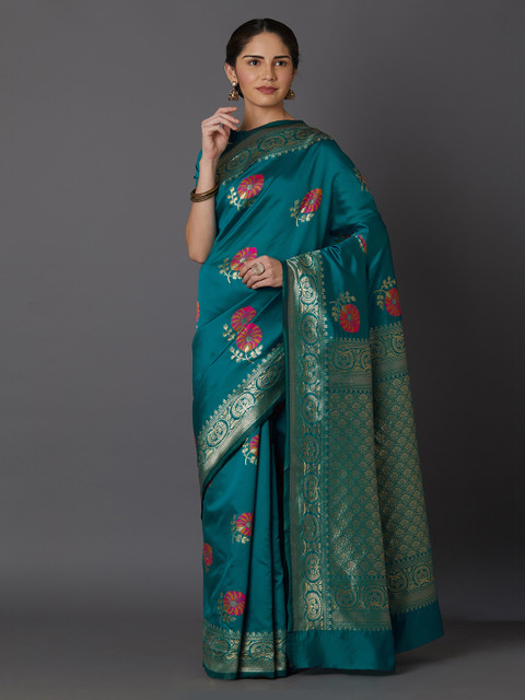 

Mitera Teal Green & Red Silk Blend Woven Design Kanjeevaram Saree