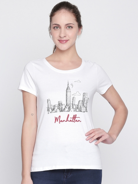 

Honey by Pantaloons Women White Printed Round Neck Pure Cotton T-shirt