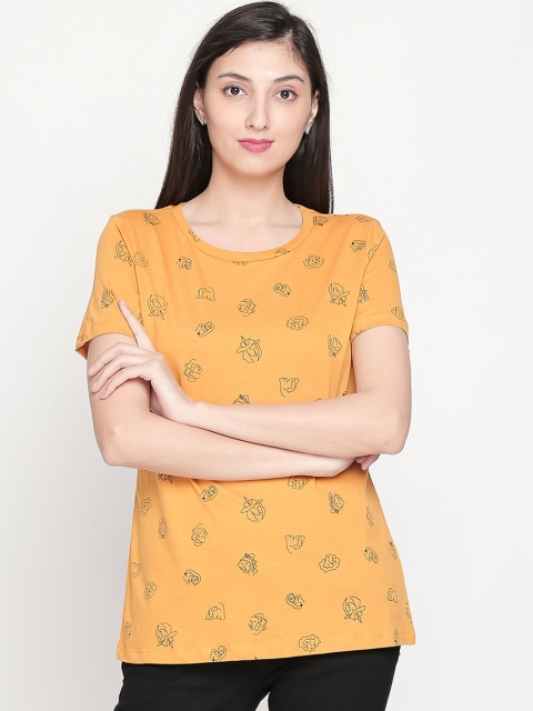 

Honey by Pantaloons Women Mustard Yellow & Black Printed Round Neck T-shirt