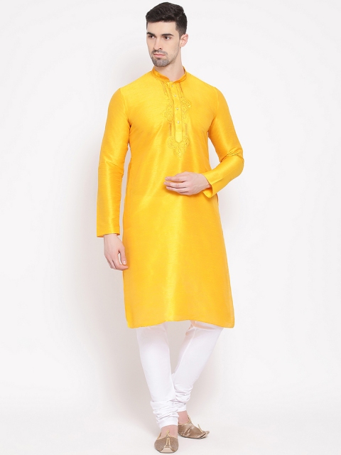 

NAMASKAR Men Yellow & White Solid Kurta with Churidar