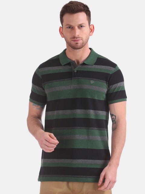 

Ruggers Men Grey & Green Striped Polo Collar T-shirt