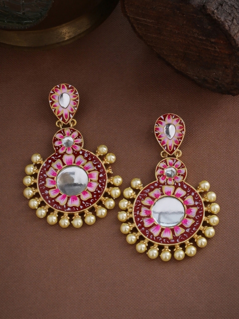 

Tistabene Pink & Gold-Plated Meenakari Pearl Studded Geometric Drop Earrings
