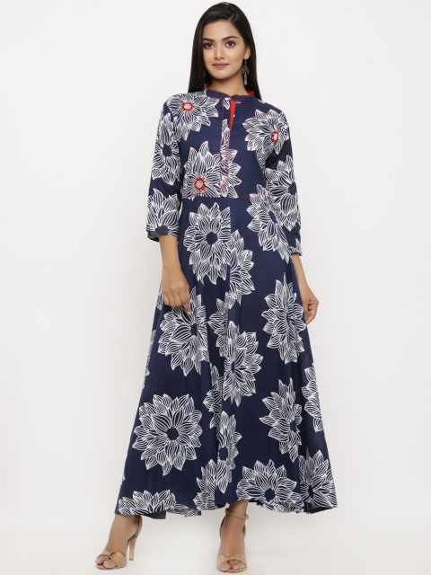 

BUYCLARA Women Navy Blue Floral Print Maxi Dress