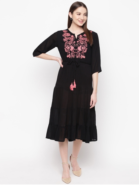 

Napra Women Black Embroidered Tiered Fit and Flare Dress
