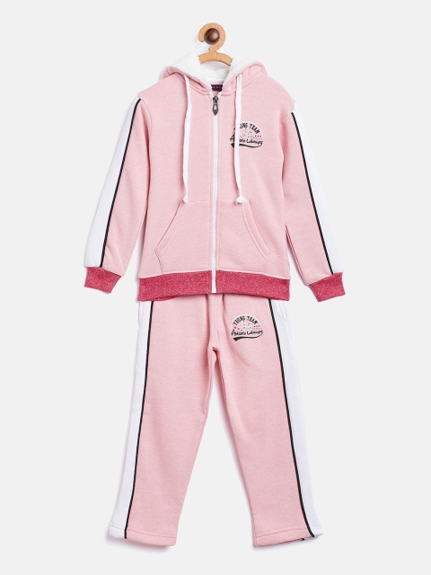 

Nins Moda Girls Pink & White Colourblocked Fleece Hooded Tracksuit
