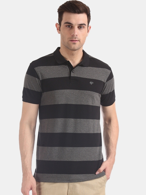 

Ruggers Men Black & Charcoal Grey Striped Polo Collar T-shirt