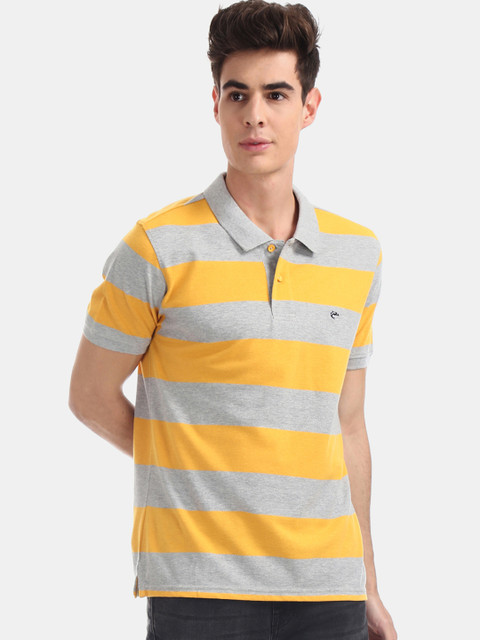 

Ruggers Men Yellow & Grey Striped Polo Collar T-shirt