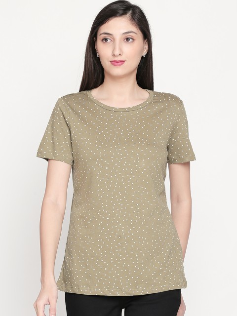 

Honey by Pantaloons Women Olive Green Printed Round Neck T-shirt
