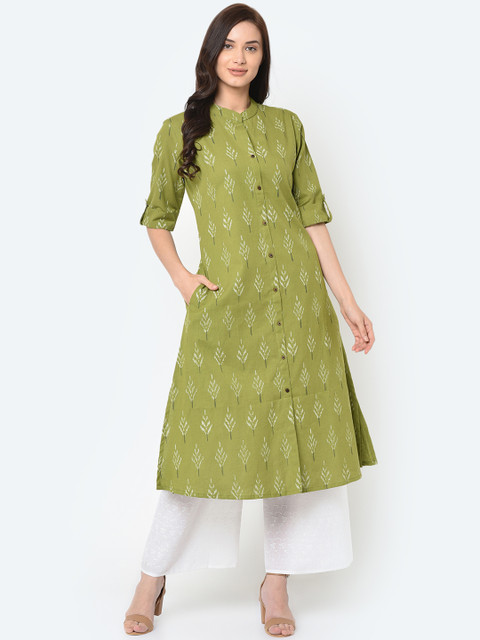 

FLAVIDO Women Olive Green Ikat Printed Straight Kurta