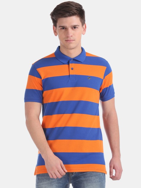 

Ruggers Men Orange & Blue Slim Fit Striped Polo Collar T-shirt