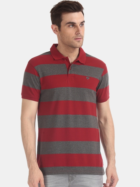 

Ruggers Men Red & Charcoal Grey Striped Polo Collar T-shirt