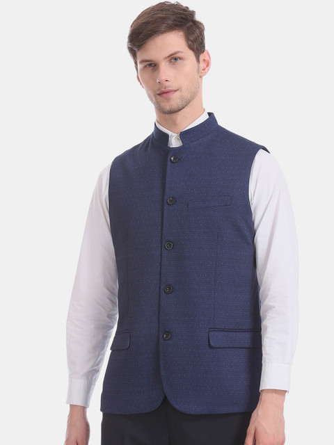

U.S. Polo Assn. Men Blue Woven Design Nehru Jacket