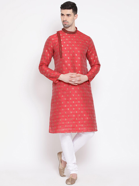 

NAMASKAR Men Red & White Woven Design Kurta with Churidar