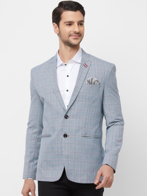 

N Dot Men Blue Checked Single-Breasted Blazer