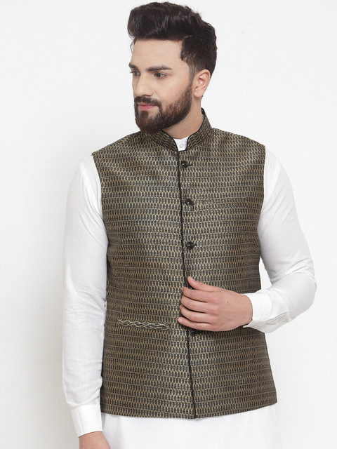 

TREEMODA Men Black & Gold-Toned Woven Design Nehru Jacket