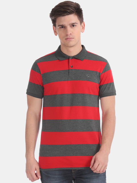 

Ruggers Men Red & Grey Slim Fit Striped Polo Collar T-shirt