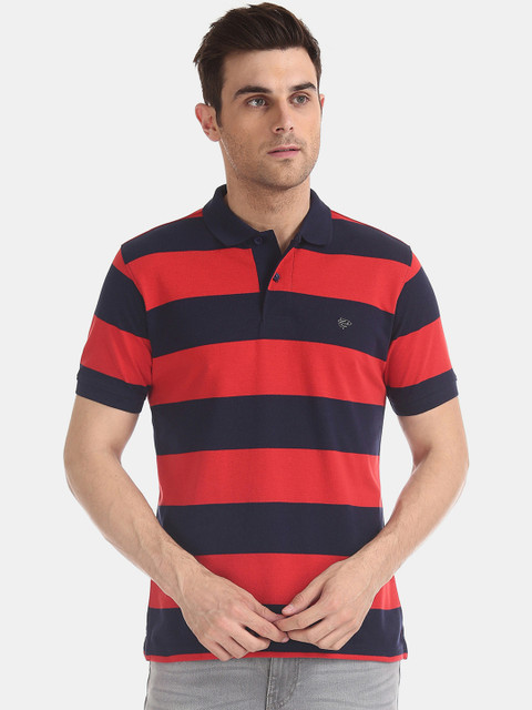 

Ruggers Men Red & Navy Blue Striped Polo Collar T-shirt