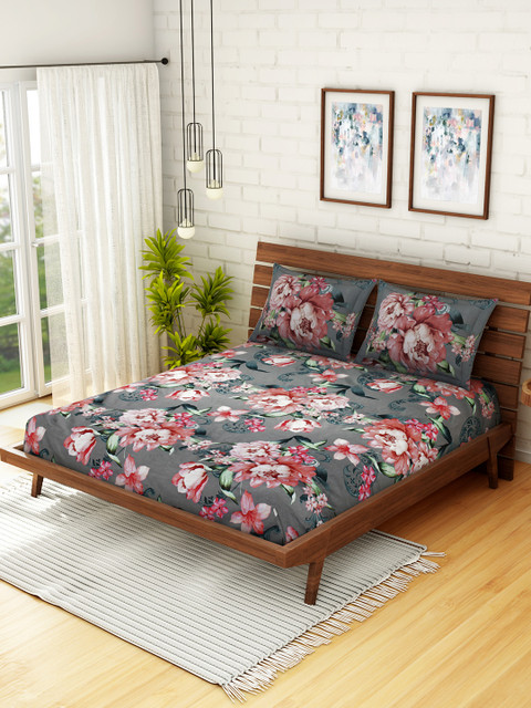 

WELHOME Grey & Pink Floral 200 TC 1 Microfibre Queen Bedsheet with 2 Pillow Covers