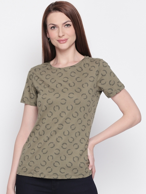 

Honey by Pantaloons Women Olive Green Printed Round Neck Pure Cotton T-shirt