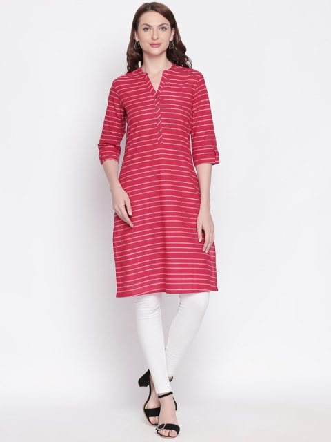 

RANGMANCH BY PANTALOONS Women Pink & Off-White Striped Straight Kurta