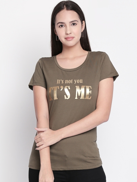 

Honey by Pantaloons Women Olive Brown Printed Round Neck Pure Cotton T-shirt