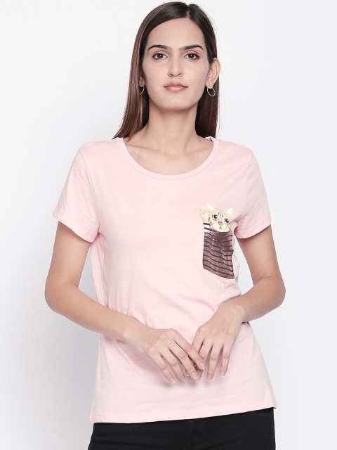 

Honey by Pantaloons Women Pink Printed Round Neck Pure Cotton T-shirt