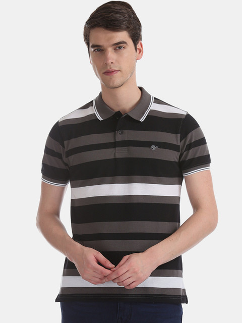 

Ruggers Men Black & Taupe Striped Polo Collar T-shirt