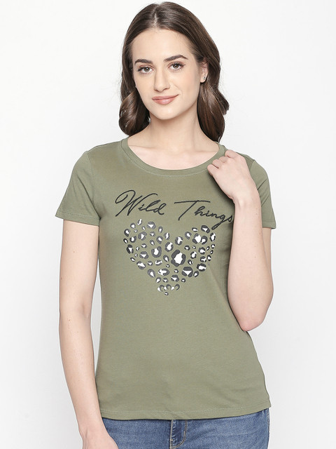 

Honey by Pantaloons Women Olive Green Printed Round Neck T-shirt