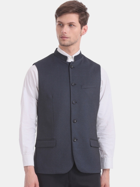 

U.S. Polo Assn. Men Blue Solid Woven Nehru Jacket
