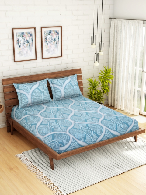 

WELHOME Blue Geometric 200 TC 1 Microfibre Queen Bedsheet with 2 Pillow Covers
