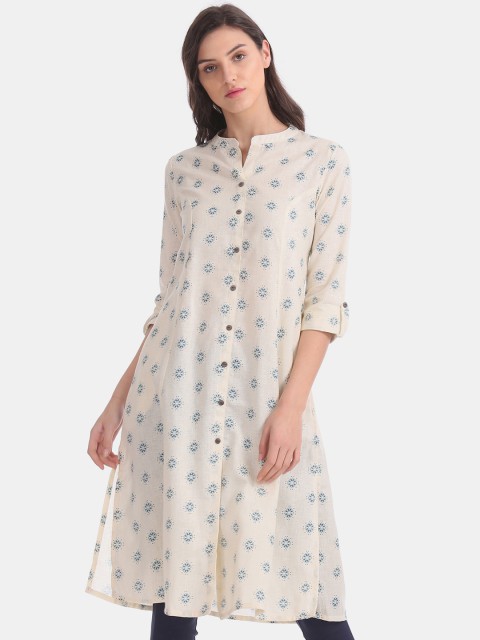

Karigari Women Off-White & Blue Printed Straight Kurta