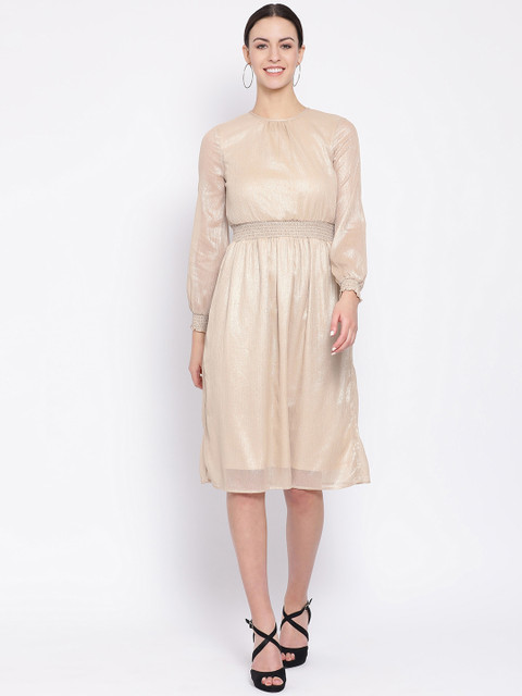 

Oxolloxo Women Beige Solid Fit and Flare Dress