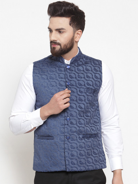 

TAG 7 Men Blue Woven Design Nehru Jacket