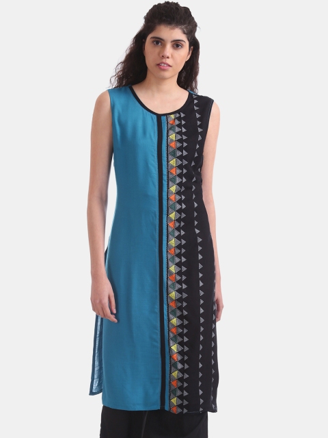 

Karigari Women Blue & Black Printed Straight Kurta