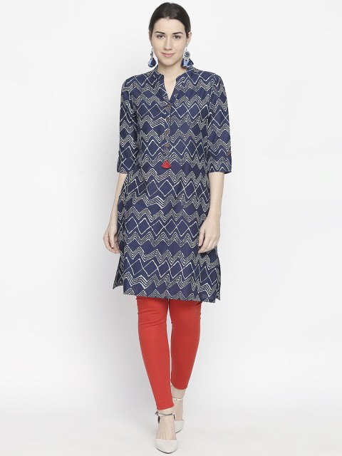 

RANGMANCH BY PANTALOONS Women Navy Blue & White Printed Straight Kurta