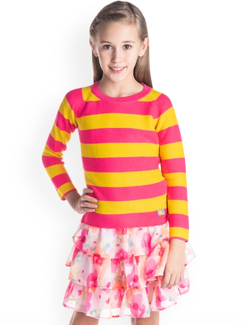 

Cherry Crumble Girls Pink & Mustard Yellow Striped Pullover Sweater