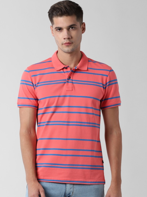 

Peter England Casuals Men Peach-Coloured & Blue Striped Polo Collar T-shirt