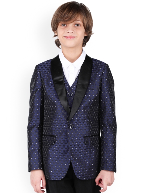 

One Friday Boys Navy Blue & Black Woven Design Single-Breasted 3 Piece Tuxedo Suit