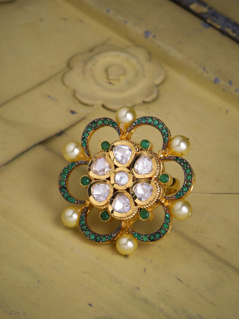 

Tistabene Women Gold-Plated Green & White Artificial Stone & Pearl Embellished Finger Ring